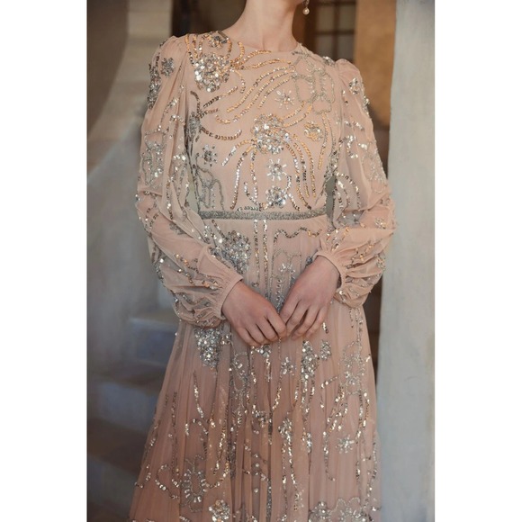 Mac Duggal Beige Embellished High Neck Puff Sleeve Gown $698 - Size 14 - Picture 3 of 14